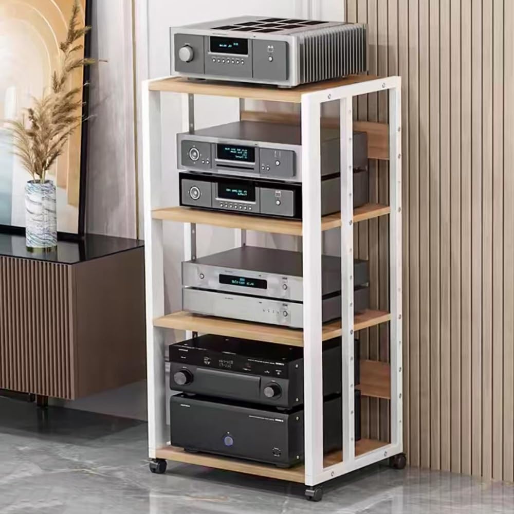 CWCQGH 4 Tier Media Cabinet on Wheels Adjustable Audio Rack Stand Mobile Floor Standing Entertainment Console Tower Shelf for Home Theater,White-4-Tier