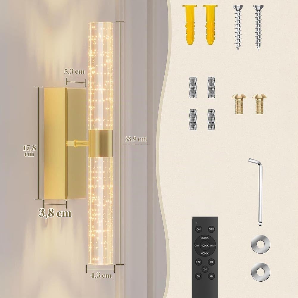 2 Stück LED Akku Gold Wandleuchte Kabellose Kristall Wandlampe mit Schalter und Fernsteuerung Dimmbar Ohne Stromanschluss Wandbeleuchtung Gold Innen Nachttischlampe Up und Down Beleuchtung