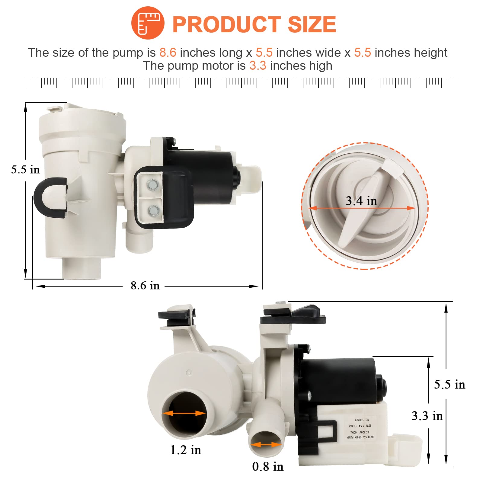 W10130913 Washer Drain Pump Assembly Replacement - Compatible With Kenmore, Maytag, Whirlpool Washing Machines