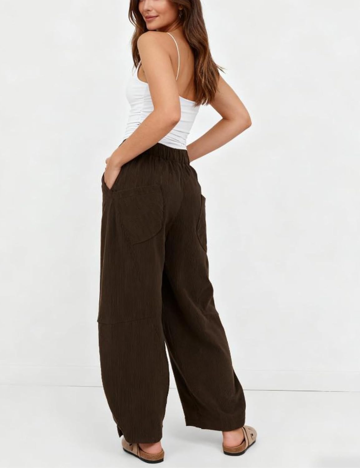 Athlisan Womens Corduroy Pants Wide Leg Cropped Barrel Baggy Elastic Waist Trousers with Pockets - Image 6