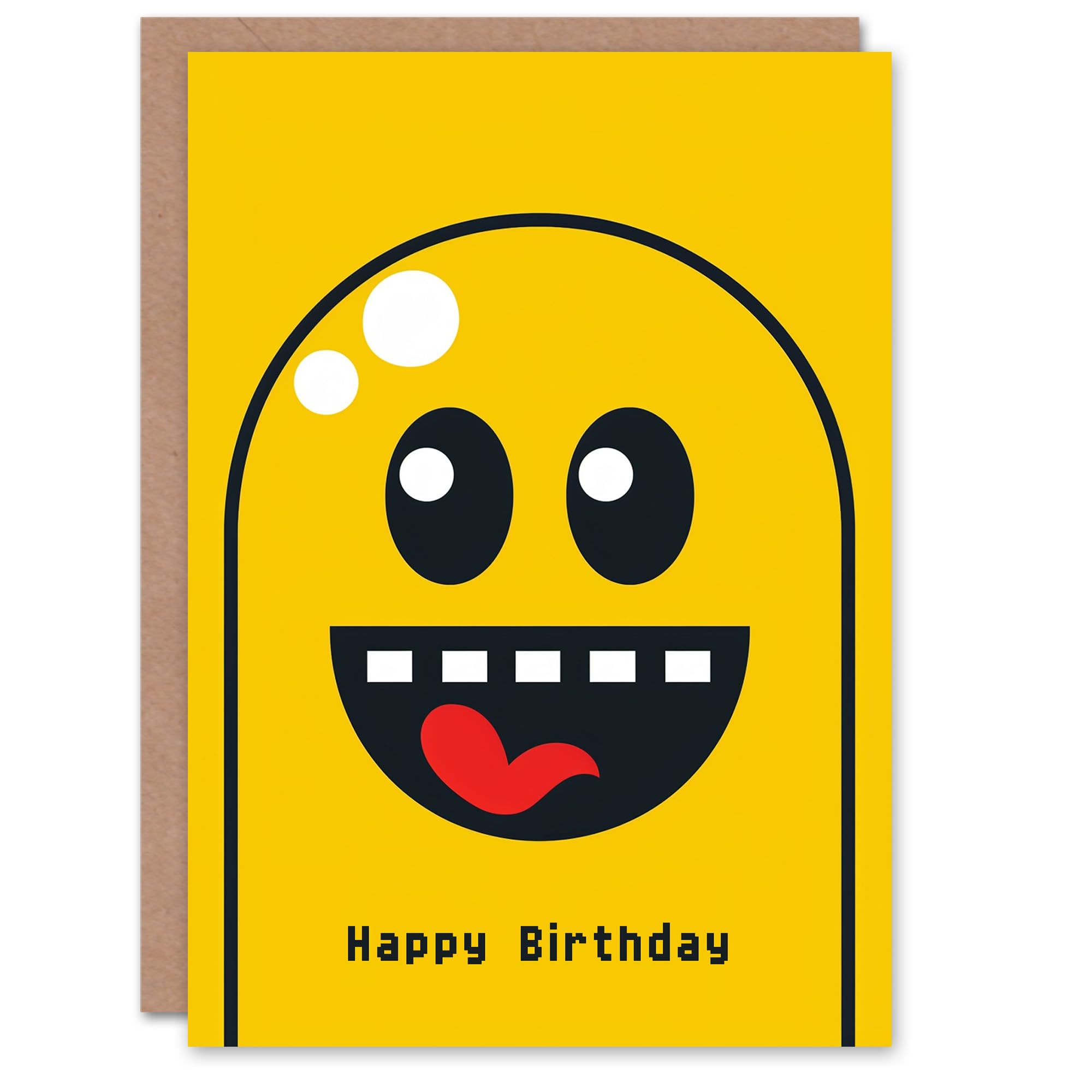 Artery8 Birthday Card Happy Yellow Ghost Retro Video Game Style For Child Kids Son Daughter Greeting Card