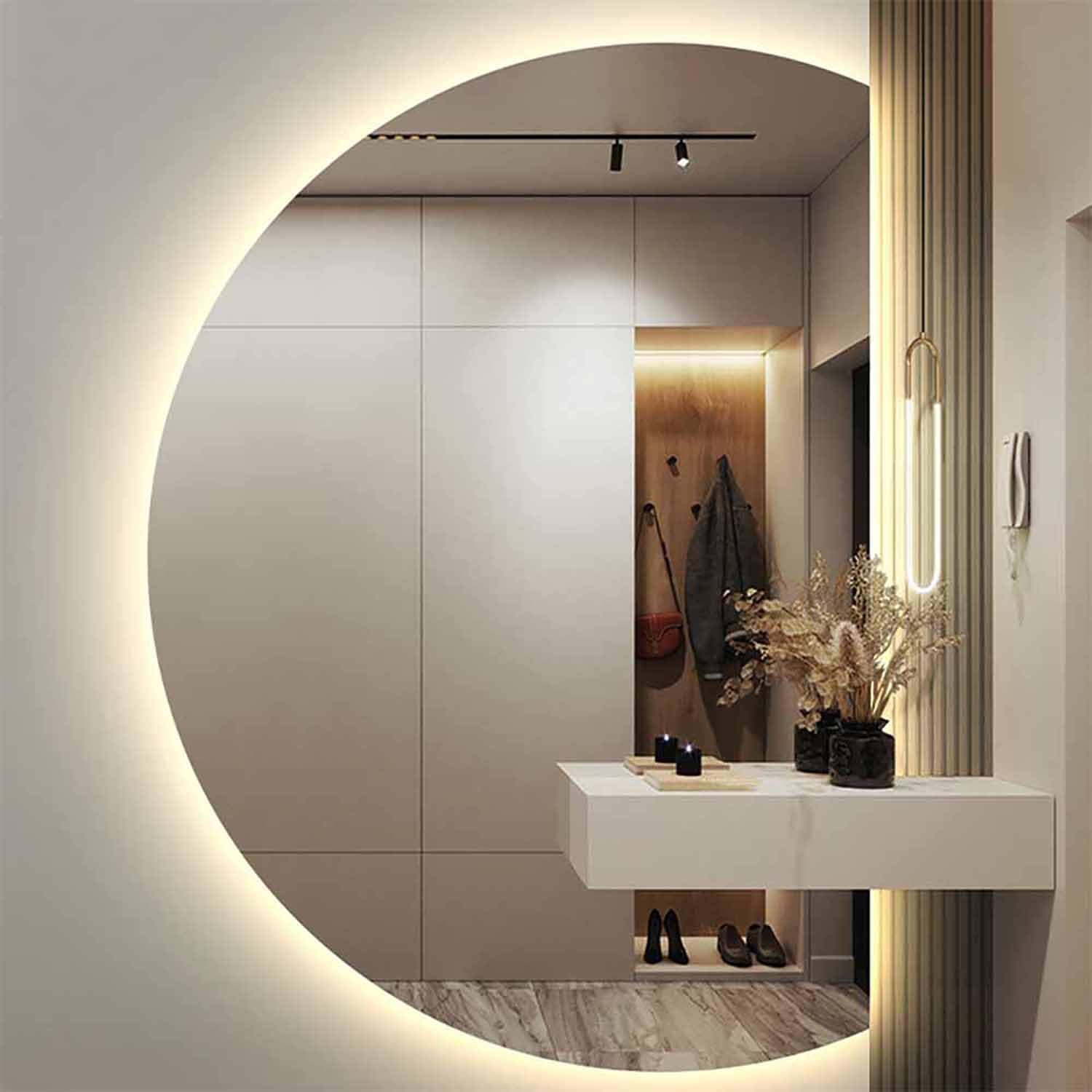 SXFSDOU LED Backlit Vanity Mirror 130cm Dimmable 3 Color Light Anti-Fog Smart Design Round eless Decorative for Bathroom Hallway and Entrance.