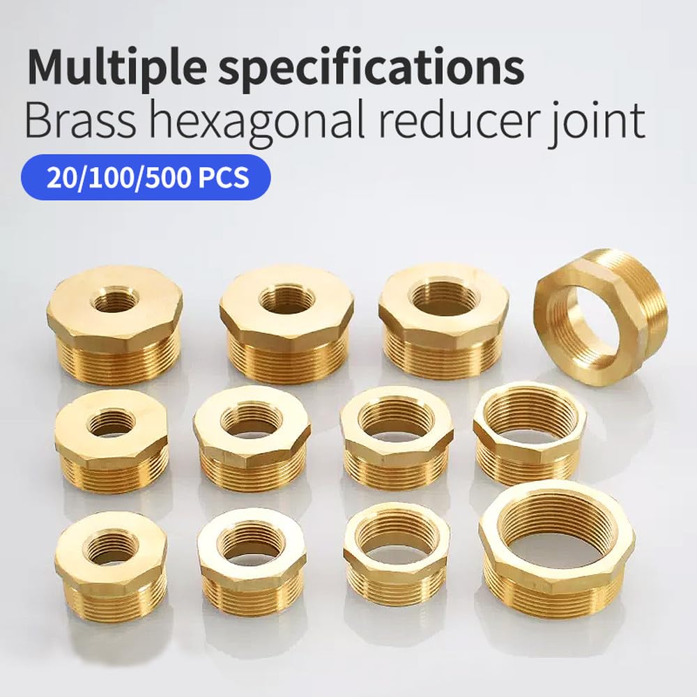 Accesorio de tubería reductor de buje hexagonal de latón, rosca F a M, conector adaptador de cobre para agua y gas, 1/8, 1/4, 3/8, 1/2 y 3/4, 500 unidades