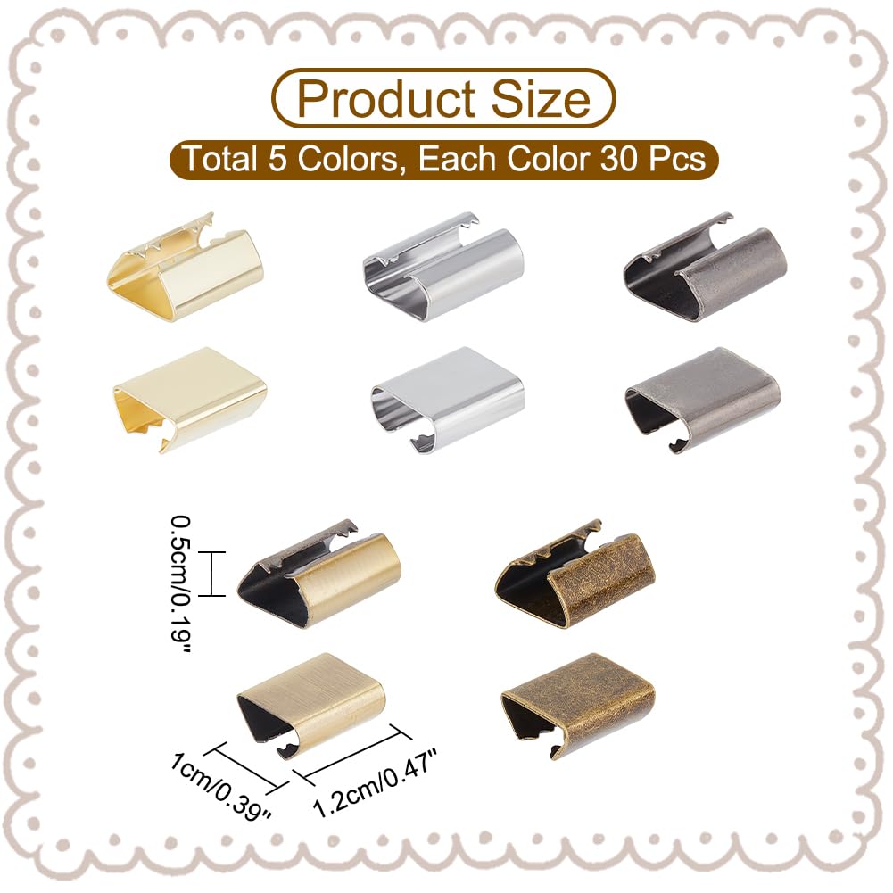 WADORN 150pcs Leather Rope Clips, 5 Colors Foldable Cord String Ends Fasteners 12x10mm Metal Crimp Ends Clasps for DIY Handicraft Leather Adjustable Loops Lanyard Tassel Jewelry Findings