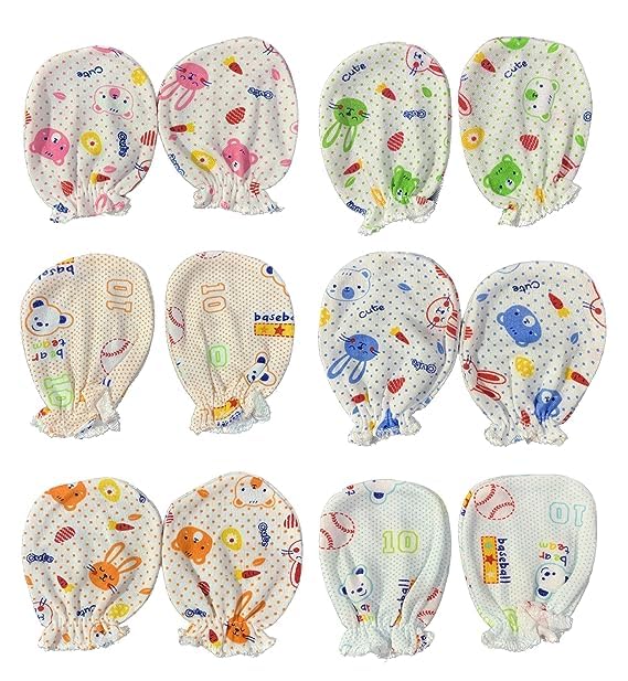 RK Brands® Cotton Mittens for New Born Baby (0-6 Months) | Baby Hand Gloves | Cotton Mittens with Gentle Elastic for Baby 0 to 6 Months | New Born Baby Products | Pack of 6 Pairs(Multi-Color)