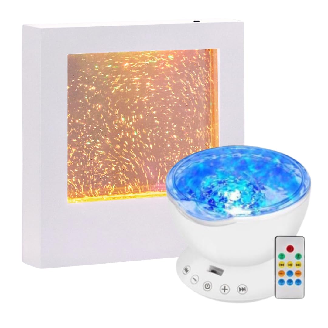 Playlearn Sensory Light 22cm Colour Changing Glitter Filled Square Light LED -13cm Sensory Ocean Wave Projector Lamp Night Light w/Remote Control for Office,Living Room & Bedroom Sensory Lights