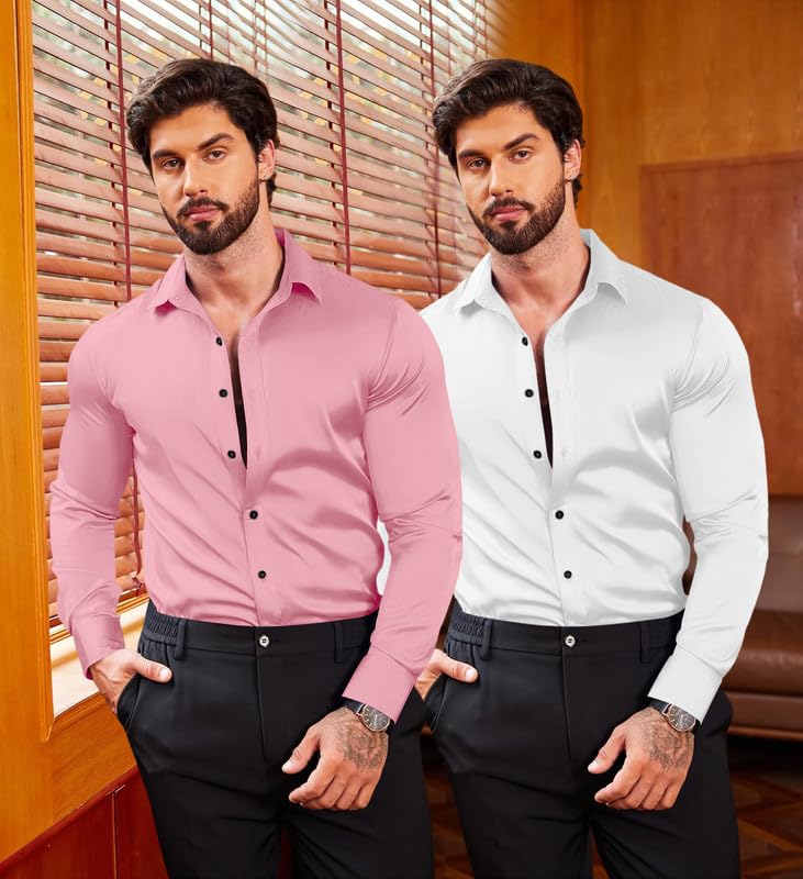 Image of Combo of Men's Premium Satin Cotton Shirt with Full Sleeves & Spread Collar | Smooth Finish | Slim Fit | Stylish Button Down Shirt for Evening, Casual Pack of 2
