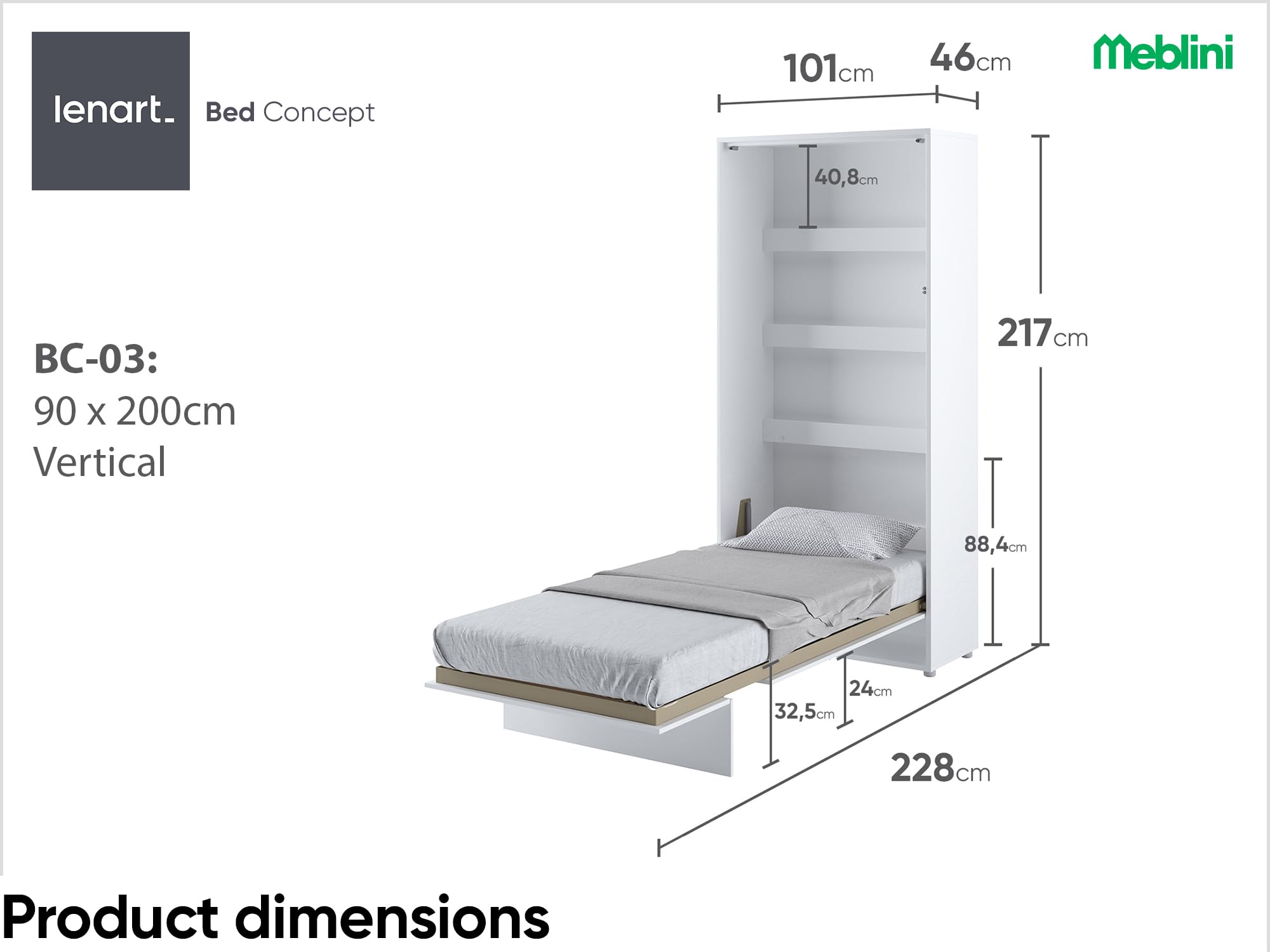 MEBLINI Schrankbett Bed Concept - Wandbett mit Lattenrost - Klappbett mit Schrank - Wandklappbett - Murphy Bed - Bettschrank - BC-03-90x200cm Vertikal - Weiß Matt mit Matratze