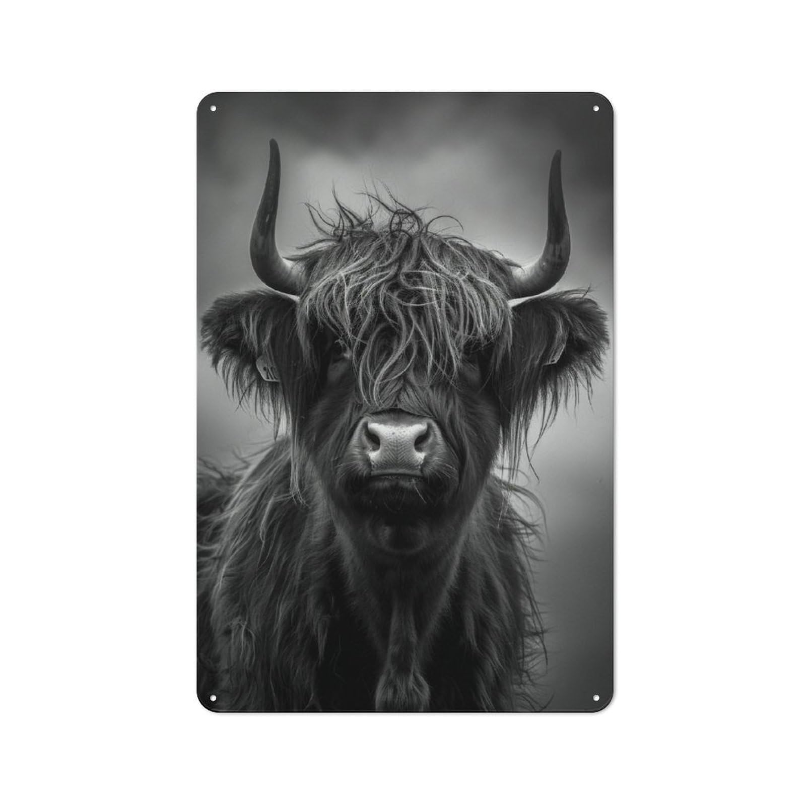 Junmoney Style-14 Bistro Style Bistro Metal Sign 30X20cm Featuring Black& White Highland Cow Portrait Photo, Shop Wall Decor For Takeaway, Bar, Kitchen Or Counter Area