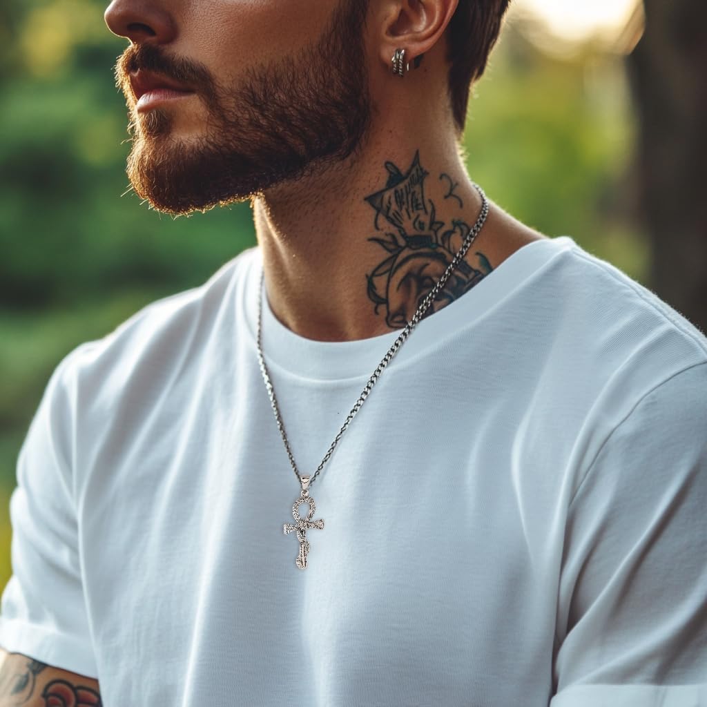 JINAO Ankh Cross Necklace for Men 14K Gold Plated - Snake Coiled Egyptian Symbol Cross Pendant with 5A Cubic Zirconia, 24" Rope Chain Men’s Jewelry - Image 9