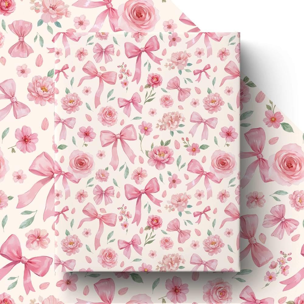 GleeWrap Pink Bow Wrapping Paper,4 Sheets Coquette Floral Patterns Gift Wrap, Flat Folded Gift Wrap Paper for Women, Birthday,Wedding,Baby Shower,50 * 70cm