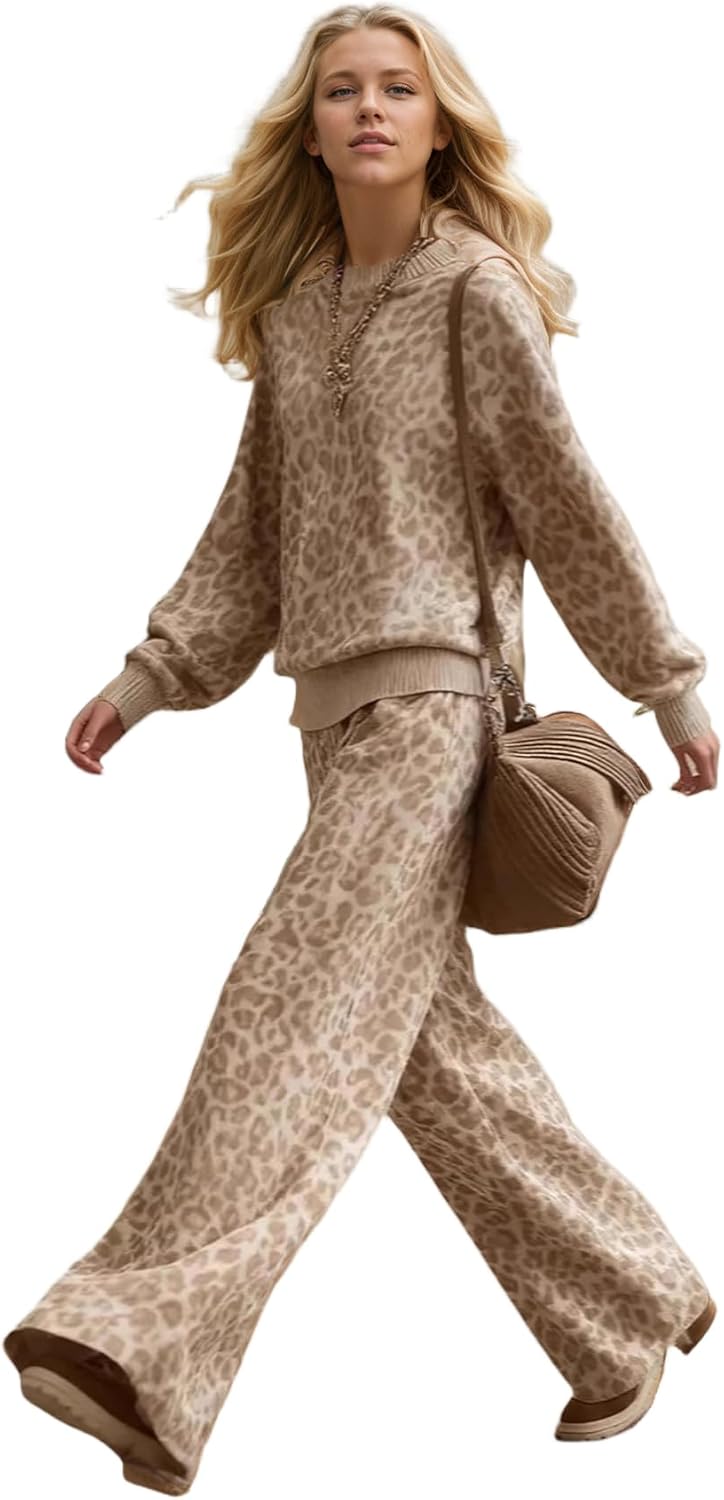 Women's Sweatsuit 2 Piece Sets Leopard Long Sleeve Sweatsuit Loose Crew Neck Sweatshirt Lounge Straight Leg Sweatpants