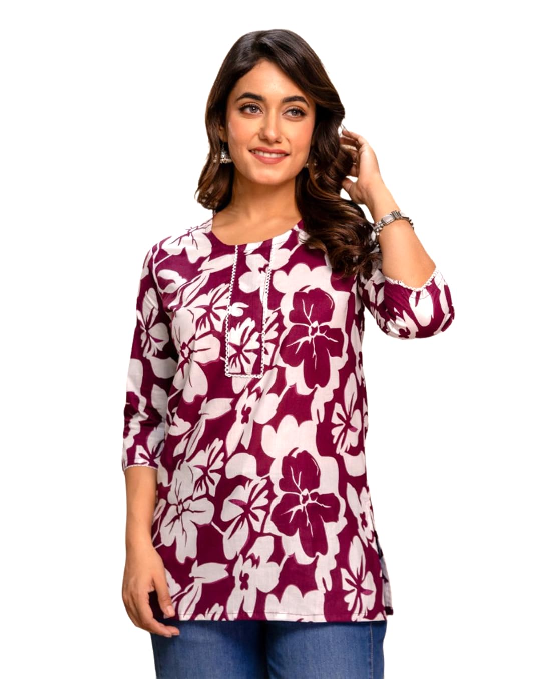 Women's Floral Printed Cotton Short Kurti for Casual Office Stylish Designer Straight Top with Lace Detailing | Comfortable Breathable Summer Tunic for Women-picture-45