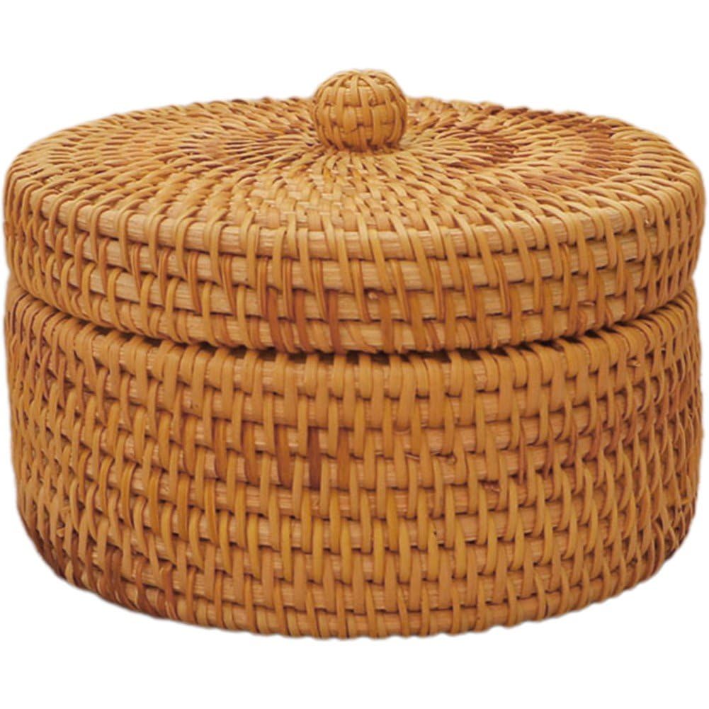 Hrippy Wood Rattan Storage Box Hand Woven Basket Small Wicker Storage Bin Desk Gadget Organizer With Lid Basket For Kitchen
