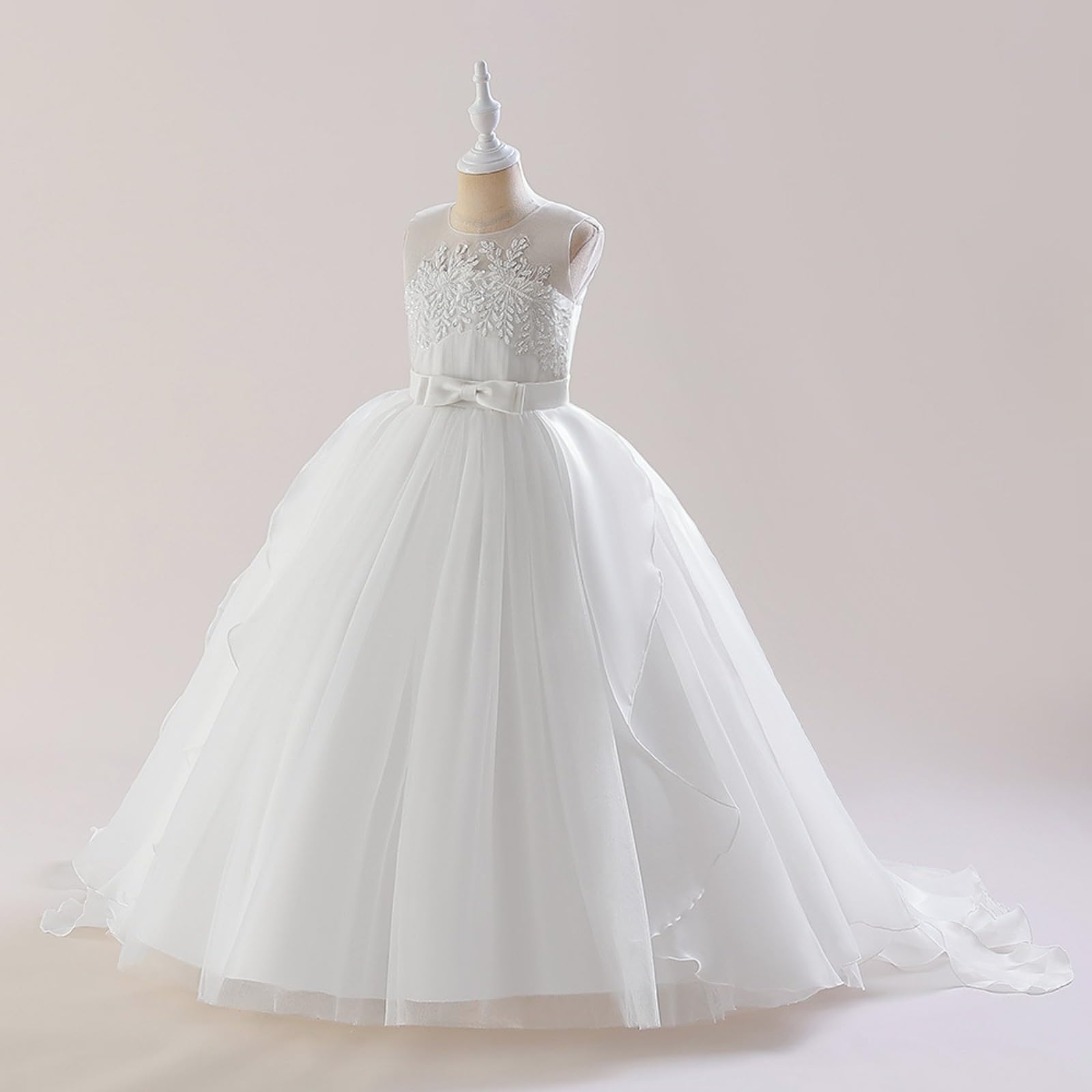 Generisch Vestido de princesa de boda para niñas pequeñas sin mangas bordado floral de encaje tul volantes vestido de noche vestido de novia