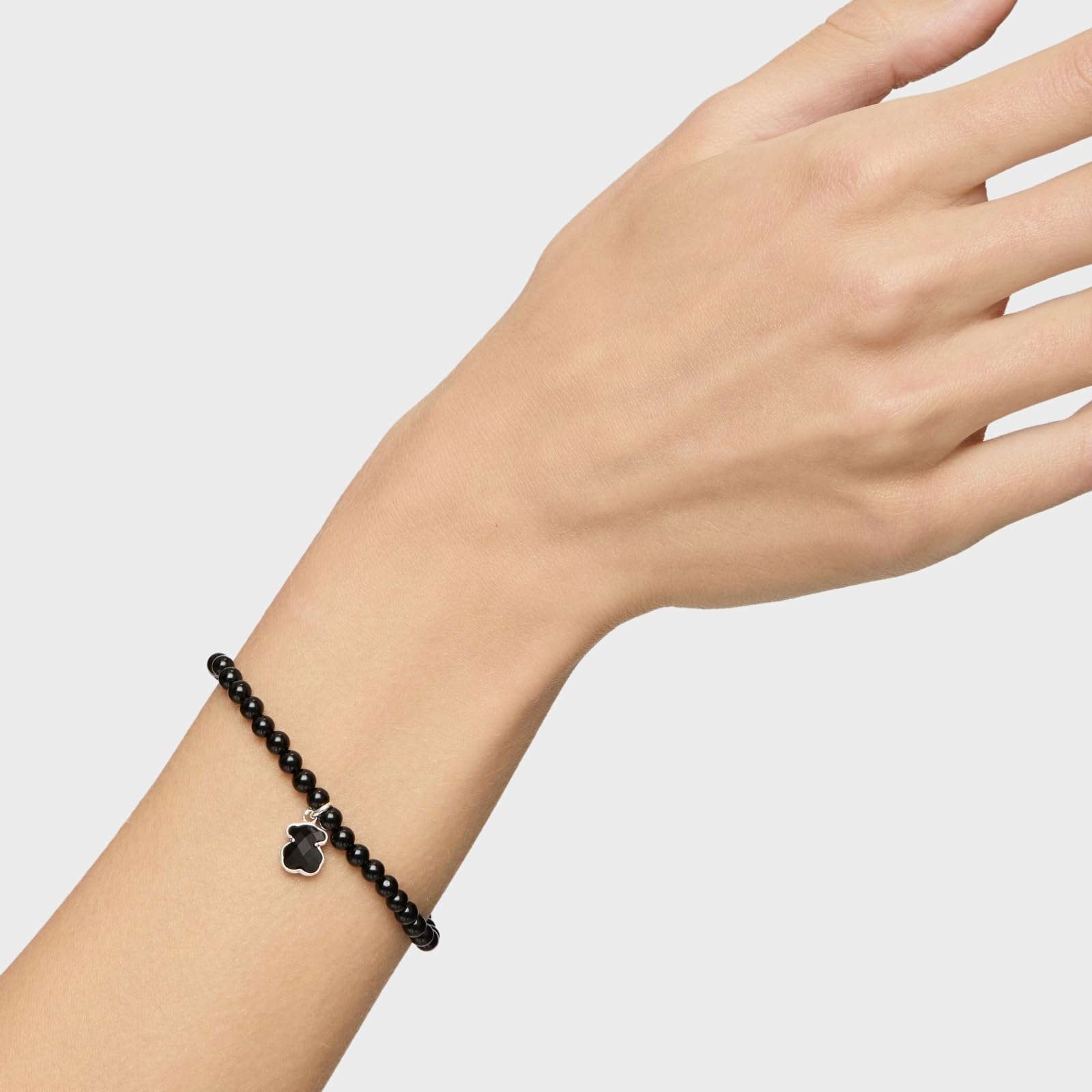 TOUS Bracciale elastico con gemme onice da donna con motivo a orso in argento sterling 925 classico e puro, collezione Icon Color, Pietra Pelle Argento Pietra Pelle
