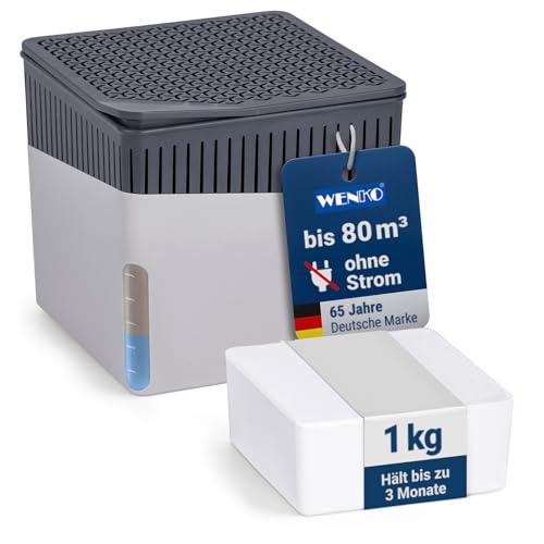 WENKO Raumentfeuchter Mod. Cube, Luftentfeuchter reduziert Schimmel & Gerüche, Auffangschale mit 1 kg Granulatblock nachfüllbar, fasst bis zu 1,6 l Feuchtigkeit, 16,5 x 15,7 x 16,5 cm, Grau WENKO Raumentfeuchter Mod. Cube, Luftentfeuchter reduziert Schimmel & Gerüche, Auffangschale mit 1 kg Granulatblock nachfüllbar, fasst bis zu 1,6 l Feuchtigkeit, 16,5 x 15,7 x 16,5 cm, Grau