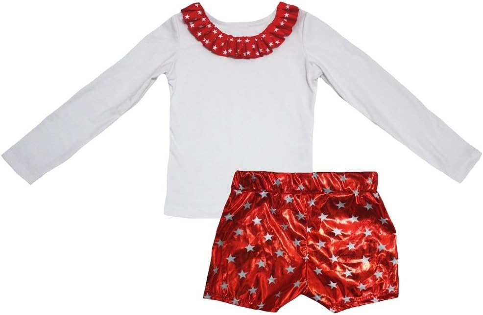 Petitebella Neck Ruffles White Cotton L/s Shirt Stars Red Bling Short Set 1-8y