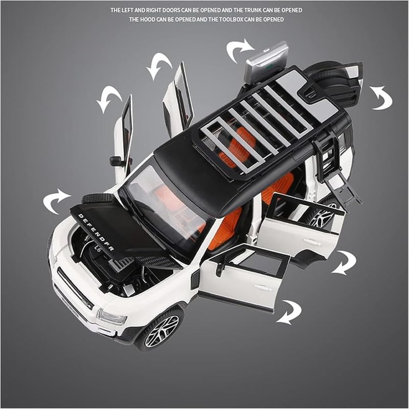 Image of Kids Model 1:24 Land Rover Defender Die Cast Metal Car Pull Back Action Opening Doors with Realistic Engine Sound Lights Toy Car Gift for Boys - White