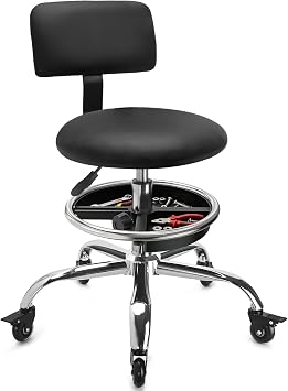 Garage Stool with Backrest, Mechanics Rolling Chair Adjustable Footrest, Workshop Chair with Storage Tray, Rolling Shop Stool Height Adjustable, Swivel Task Chair for Salon Tattoo Black