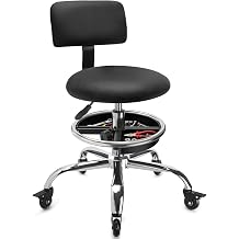 Garage Stool with Backrest, Mechanics Rolling Chair Adjustable Footrest, Workshop Chair with Storage Tray, Rolling Shop Stool Height Adjustable, Swivel Task Chair for Salon Tattoo Black