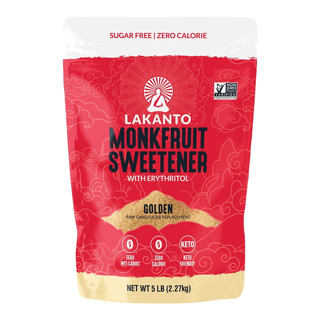Lakanto Golden Monk Fruit Sweetener with Erythritol - Raw Cane Sugar Substitute, Zero Calorie, Keto Diet Friendly, Zero Net Carbs, Coffee, Tea, Baking, Extract, Sugar Replacement (Golden - 5 lb)