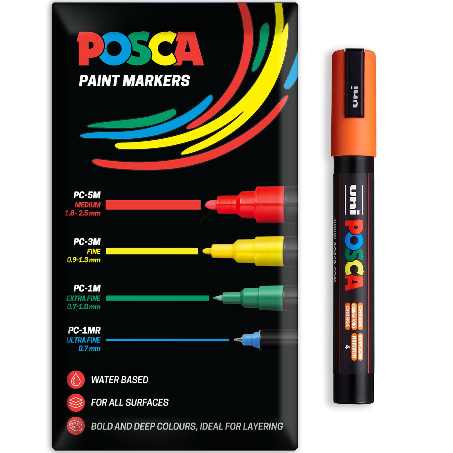 Posca Water Based Acrylic Paint Marker Pens | Multi Surface Use Permanent Paint Pen | Pack of 1 in Envelope Gift Packaging | Glass, Fabric, Canvas, Wood etc | PC-5M, Orange