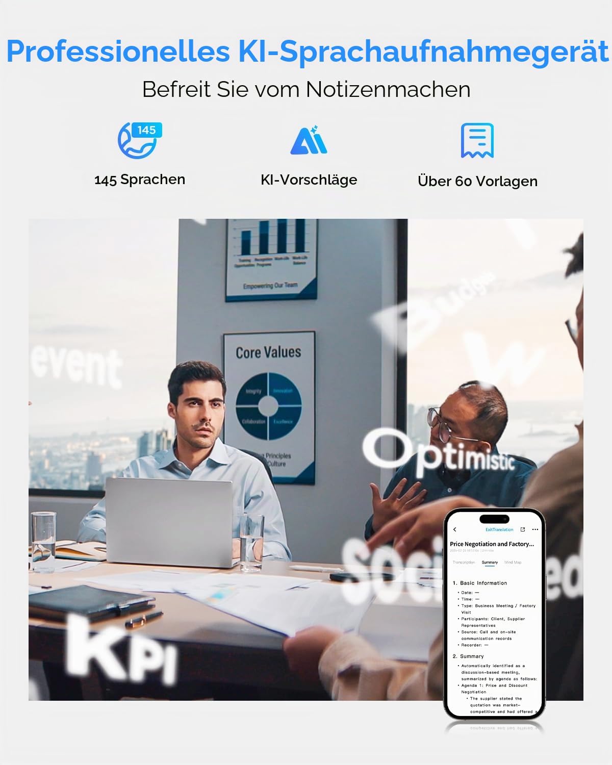 BOYA Notra KI Digitales Diktiergerät für Meetings & Anrufe: Aufnahme, AI-Transkription, Zusammenfassung, 140+ Sprachen, App-Steuerung, 64GB + Cloud, ultraflaches Magnetdesign, 24h Akku
