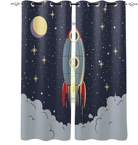 Juego de 2 paneles de cortinas para ventana, diseño de cohetes y espacio exterior, diseño de dibujos animados, para sala de estar, dormitorio, luna,