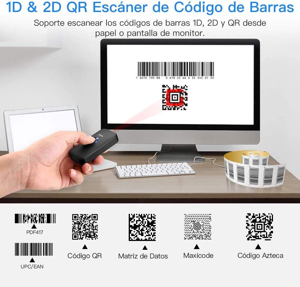 Eyoyo 2D Escáner de Código de Barras, Mini 1D QR Lector de Código de Barras 3-en-1 Conexiones USB Cable/ 2,4G Inalámbrico/Bluetooth para POS, Teléfono Inteligente, Tableta, iOS, Android y Windows