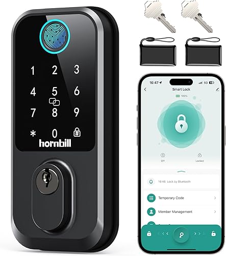 Cerradura inteligente WiFi de entrada sin llave, cerrojo inteligente de huellas dactilares Hornbill con control de aplicación, funciona con Alexa,