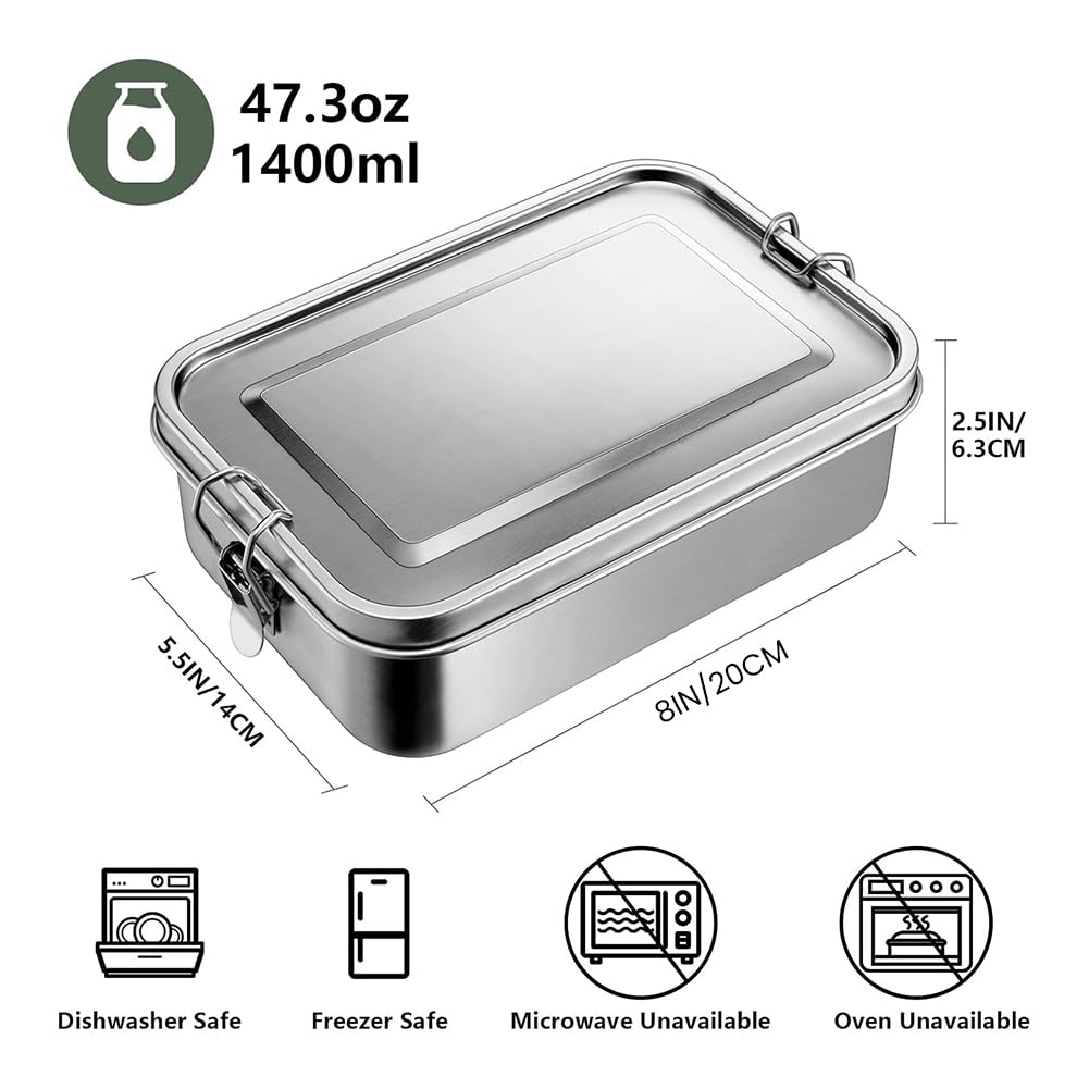 Boîte à bento en acier inoxydable pour adolescents, boîte à bento en métal avec 2 compartiments flexibles, 1400 ml