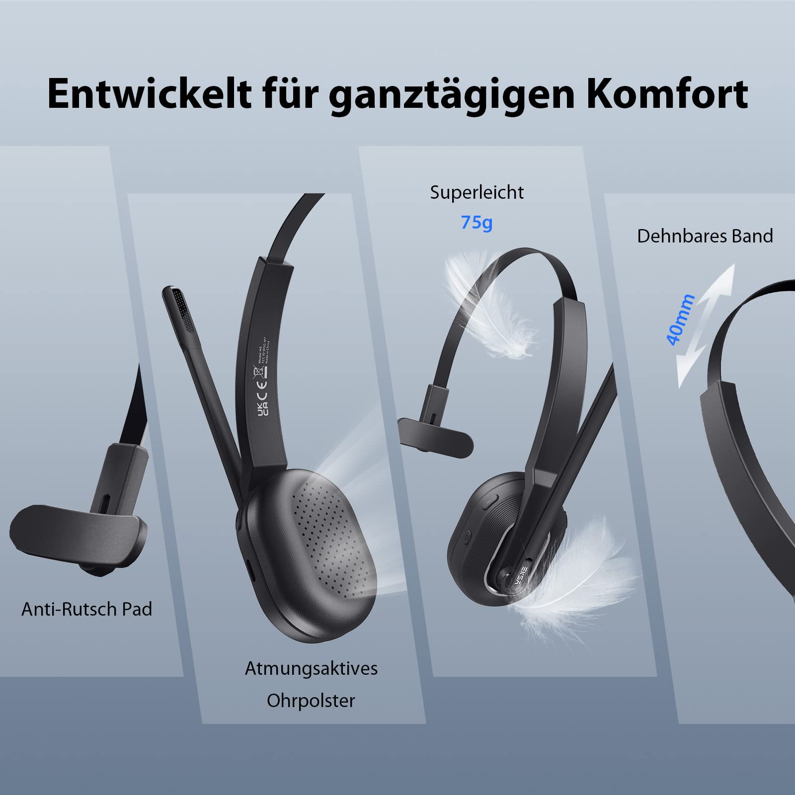 EKSA H5 Bluetooth PC Headset mit Mikrofon & USB Dongle [45 Stdn Spielzeit & 10M Reichweite] Mono mit Ladestation & AI Rauschunterdrückung Mic, Wireless Business Headphones für Büro/HomeOffice