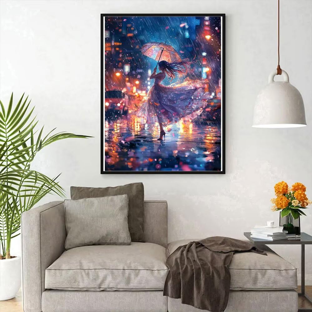 5D Diamant Painting Kits Erwachsene, Regentag Frau Diamant Painting Bilder für Anfänger Kinder, DIY Mosaikherstellung Stickerei Kreuzstich für Home Wand Dekor, Geschenke für Frauen 80x110cm WO3W-840
