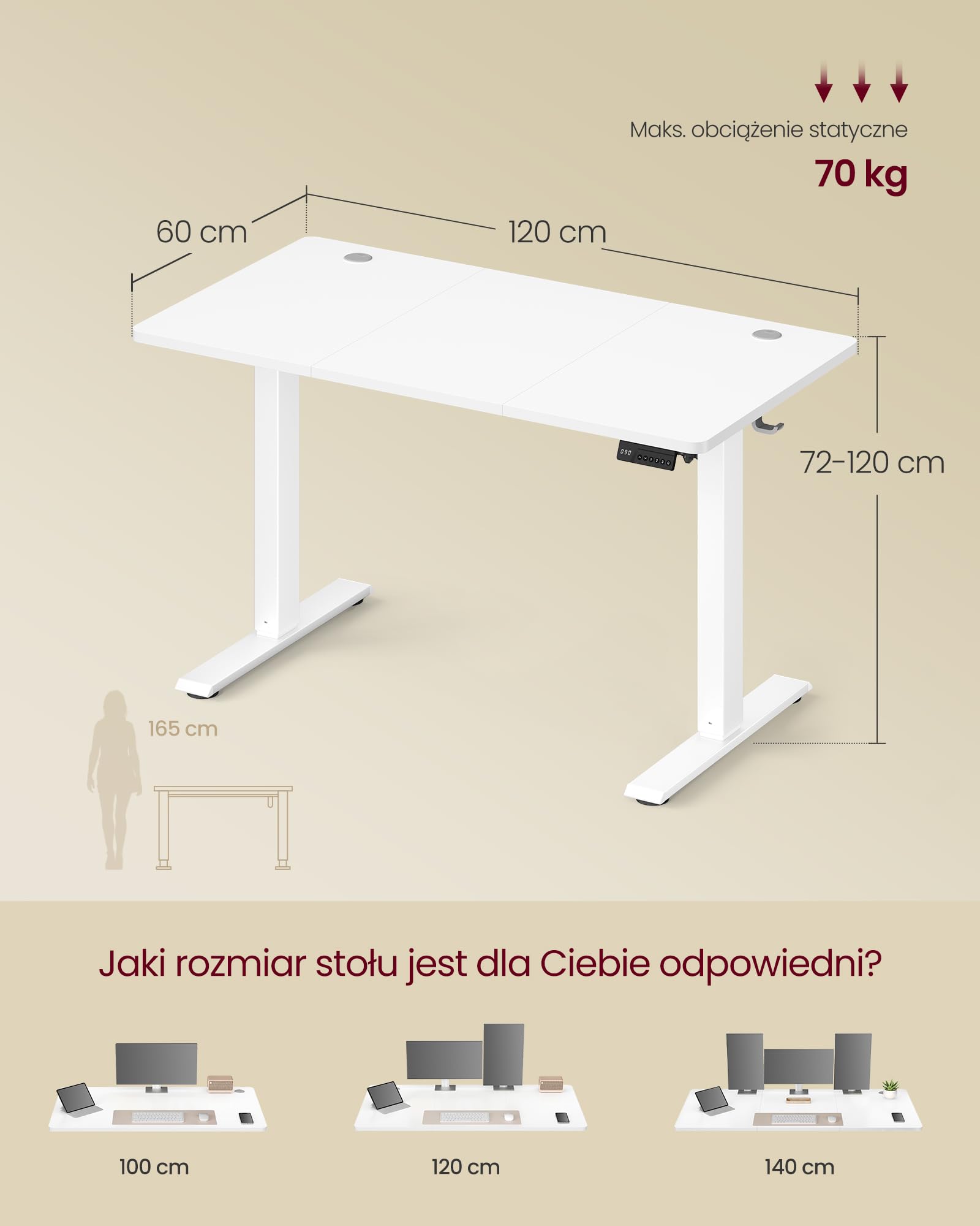 VASAGLE LSD312WZ03 biurko z regulacją wysokości, funkcja pamięci o 4 wysokościach, do biura, 120 x 60 cm, chmurkowa biel