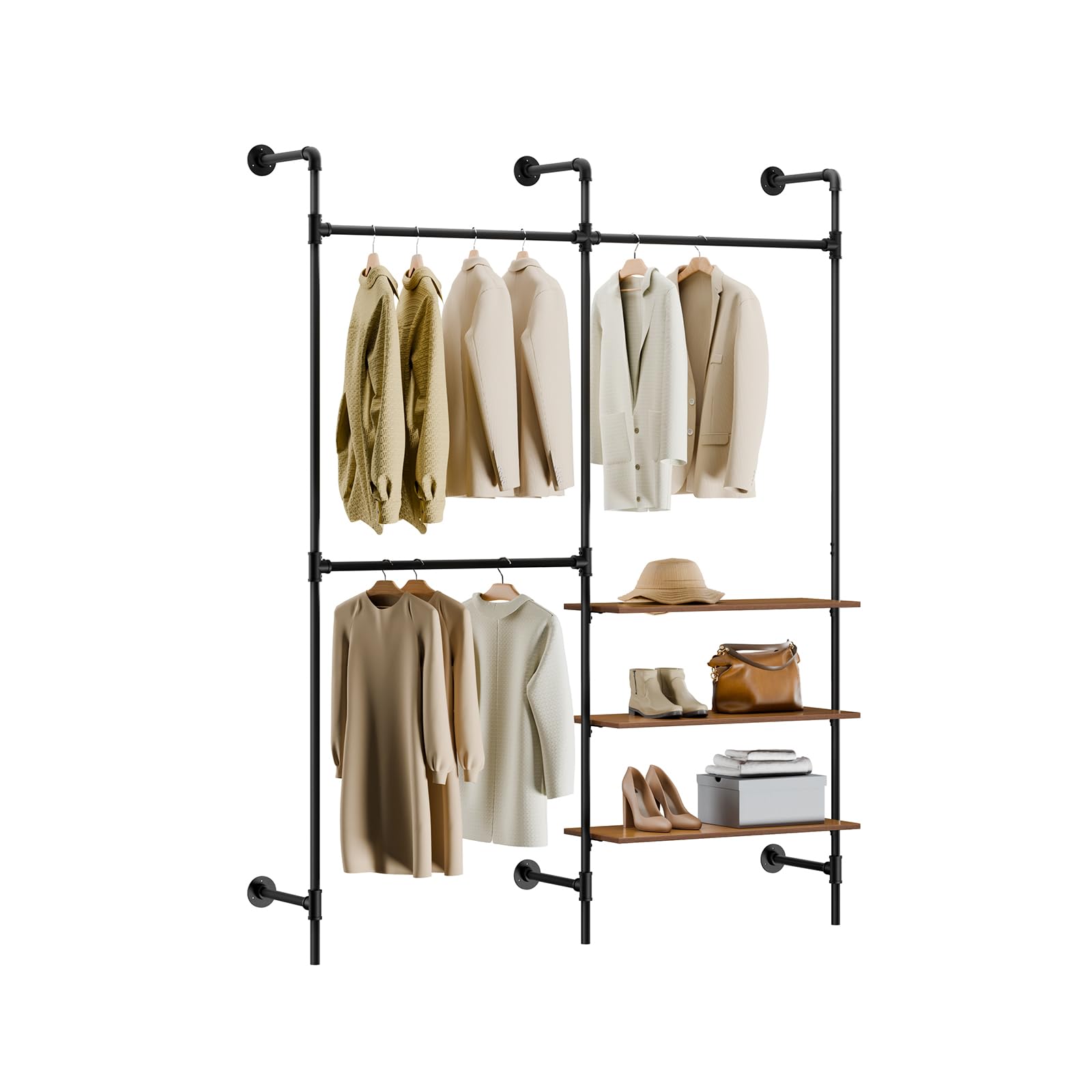 SoBuy perchero de pared con 3 barras y estantes MDF, 168x46x220cm entrada | Perchero industrial para ropa con almacenamiento vertical, estructura práctica para dormitorio, color negro, KLS18-SCH
