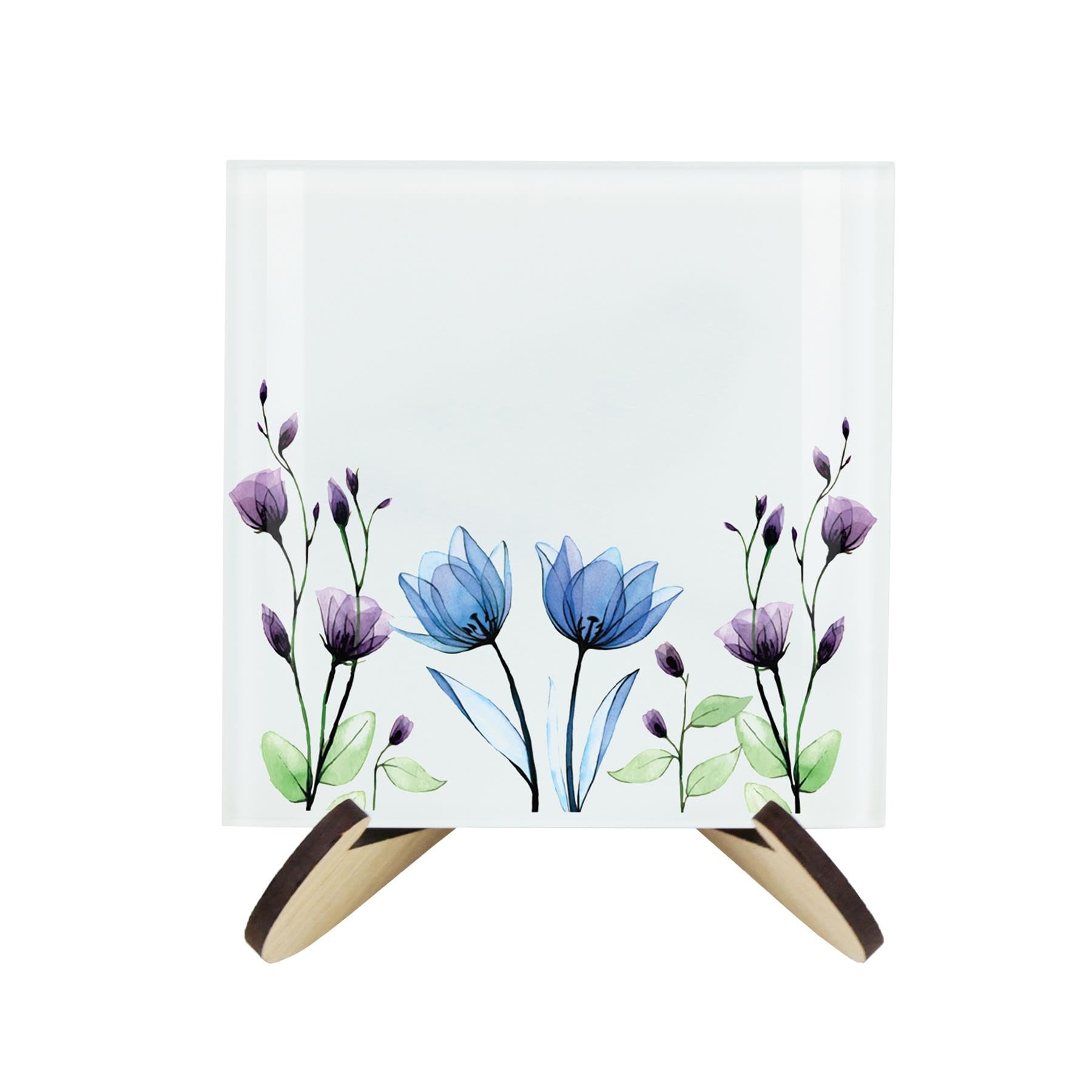 Floral Coaster Set - Square Glass Blue & Purple Flowers and Foliage - Set of Four (4) Coasters & Wood-Effect Stand