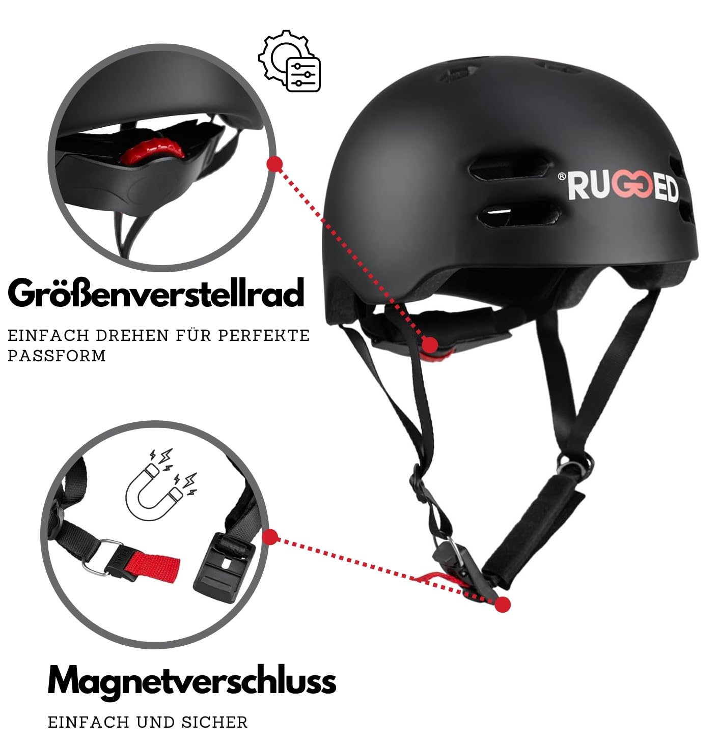 Rugged Casque Inmold léger I Taille réglable I Fermeture magnétique I Ventilé pour trottinette cascade I Skateboard I Rollers I Vélo I BMX I Dirt I Scooter électrique