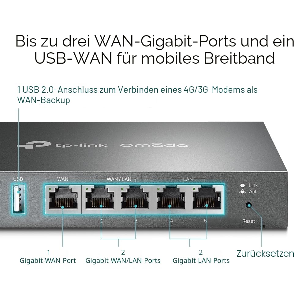 TP-Link ER605 Omada Gigabit VPN Router, Bis zu 3 Ethernet-WAN-Ports, Mobilfunknetzanbindung via USB, IPSec/PPTP/L2TP VPN Over IPSec/SSL Protokolle