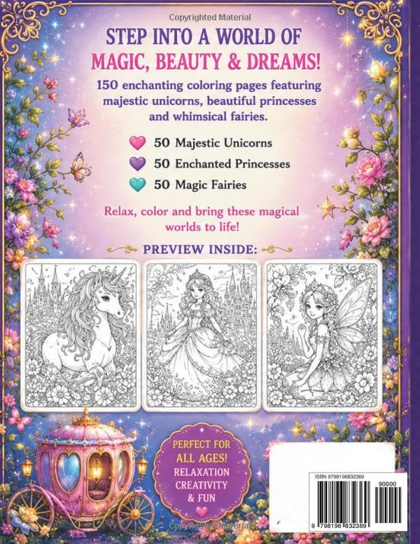 150 Unicorn, Enchanted Princess & Magic Fairy Coloring Book: Cute Fantasy Coloring Pages for Adults, Teens and Girls with Magical Unicorns, Princesses and Fairies: A Relaxing Fantasy Coloring Book Bundle with Whimsical Princesses, Unicorns, Fairy image 3