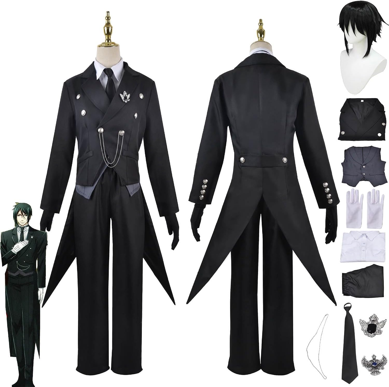 ZHAOSJ Anime Black Butler Kuroshitsuji Sebastian Michaelis Cosplay Costume Outfit Black Uniform Wig Complete Set Halloween Carnival Party Dress Up Suit
