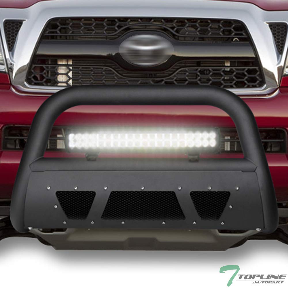 Matte Black Studded Mesh Bull Bar Brush Push Front Bumper Grill Grille Guard with Skid Plate + 120W CREE LED Fog Light Compatible with 05-15 Toyota Tacoma