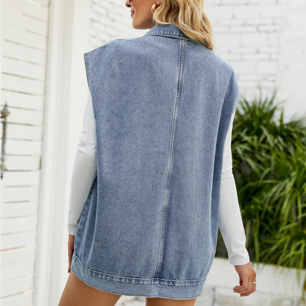 PAODIKUAI Gilet di jeans oversize da donna Mid Long Jean Gilet senza maniche Giacche in cotone invecchiato