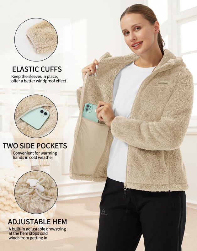 Pioneer Camp Fleecejacke Damen mit Kapuze Warm Flauschig High-Pile Teddyfleece Vollreißverschluss Outdoor Kuscheljacke Sherpa Jacke für Alltag Zuhause