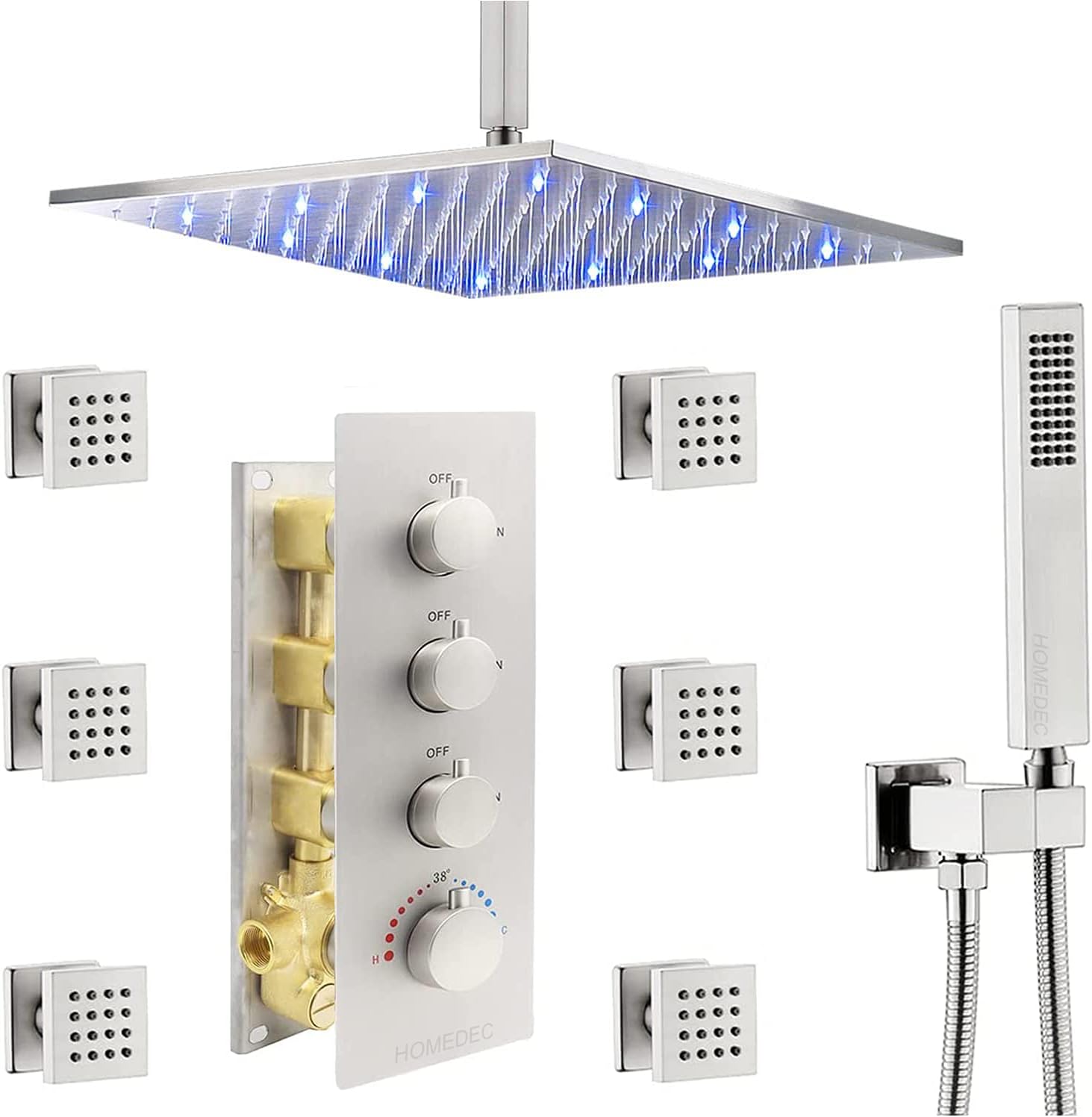 50% Off Discount HOMEDEC 12 Inch Luxury LED Rainfall Shower Heads System in Brused Nickel with Body Spray Brass Faucet Combo Set, Large Flow, Can Use All Functions At a Time