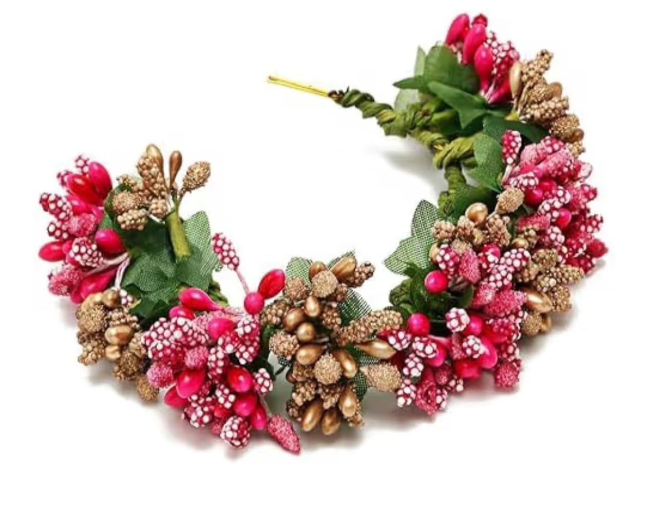 Artificial flower for hair veni gajra brooch bridal accessories (pink and gold)-picture-43