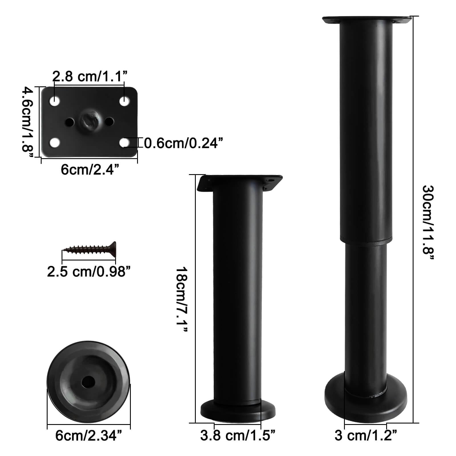 Verstelbare metalen meubelpoten, 4 stuks, koudgewalste stalen vervangende poten voor salontafel, tv-standaard, Ottomaanse bedbank, inclusief schroeven (18 cm