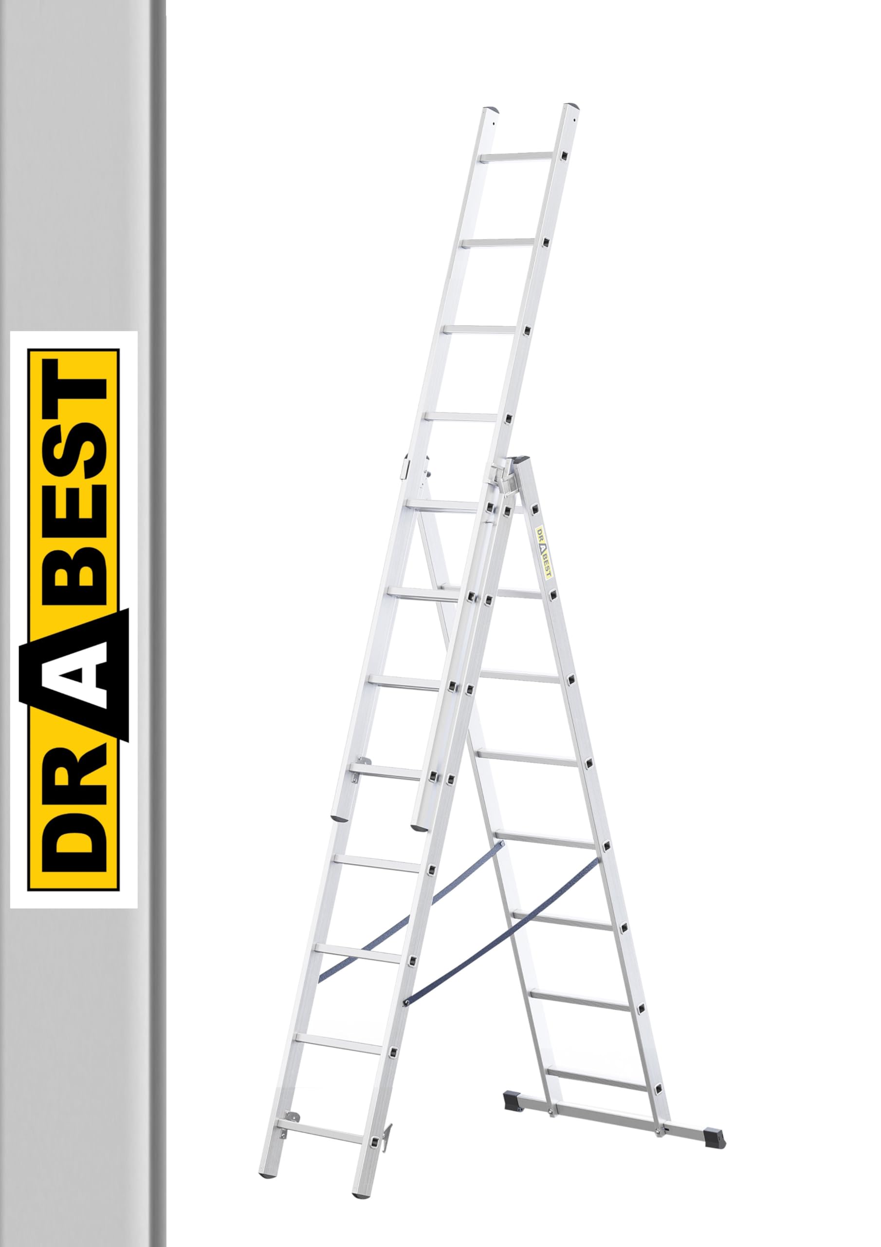 Drabest Silver Basic Home Aluminium Ladder 3-Element – Step Ladder 3X8 Step – Lightweight Aluminium – Foldable For Home – Capacity 150 Kg – 45X220x15,5Cm