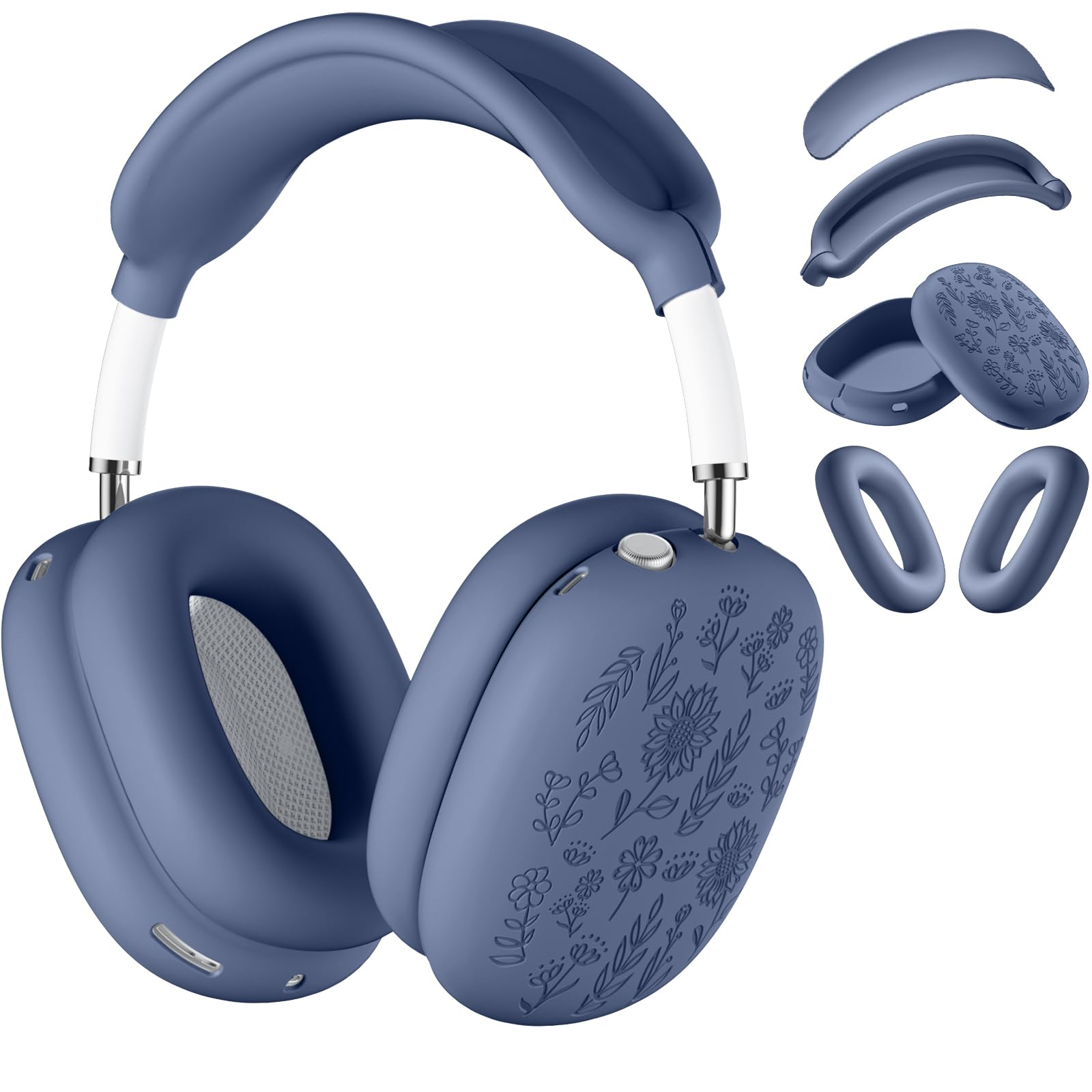 DaQin Floral Engraved Case for AirPods Max, Anti-Scratch Ear Pad Cover/Ear Cups/Headband, Soft Silicone Protector for Apple AirPods Max Accessories, Blue Gray