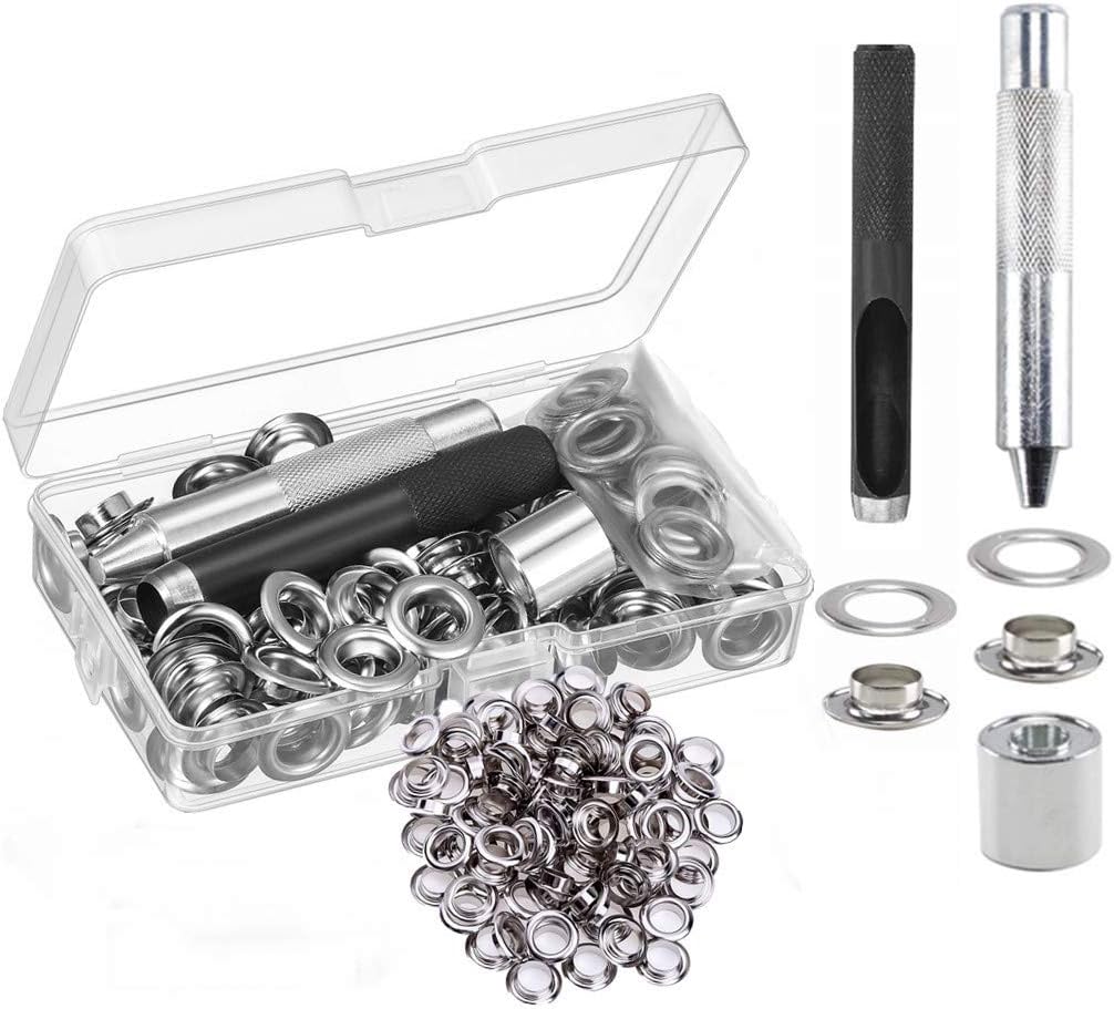 MEESOGA Grommet Tool Kit 100Pack Grommet Eyelets Kit 12mm 1/2 Inch with Storage Box Punch Hole Tool and Fastened Tool Eyelets for Tarpaulin Leather Fabric Curtains Pool Cover Crafts Projects